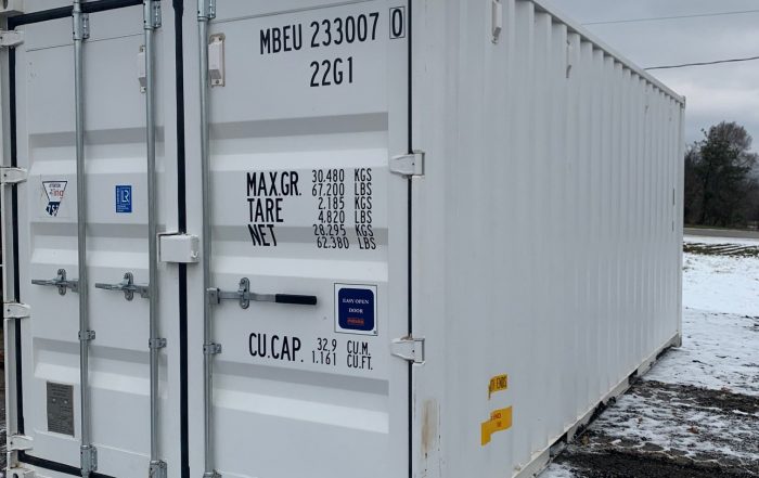 Contentor marítimo novo de 20 pés com três portas.